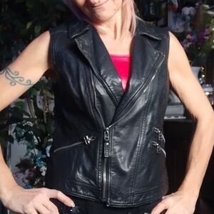 Black Faux Leather Moto Vest With Back Skull Patch